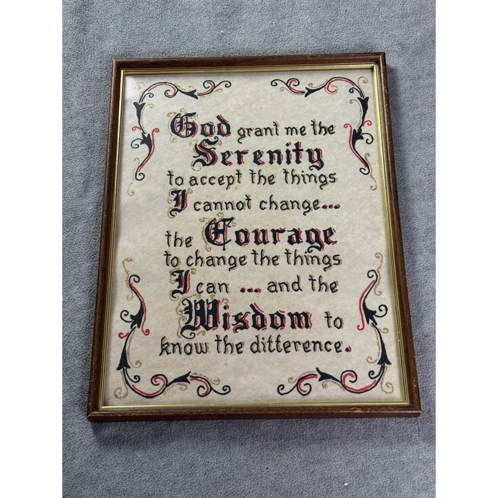 Vintage Serenity Prayer Framed Wall Art Gothic Calligraphy Gold Glitter